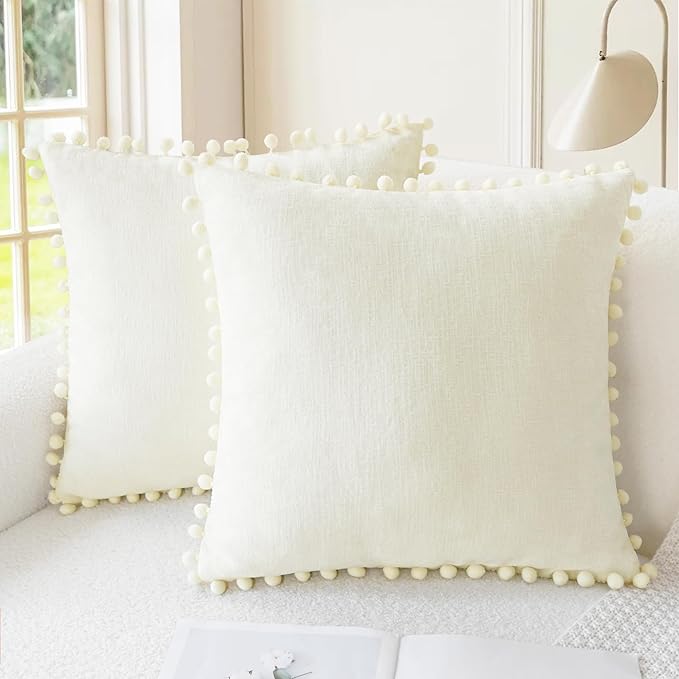 CaliTime Throw Pillow Covers Decorative 22 X 22 Inches Pack of 2 Cozy Solid Dyed Soft Chenille Cushion Cases with Pom Poms for Couch Sofa Bed Living Room Home Cream