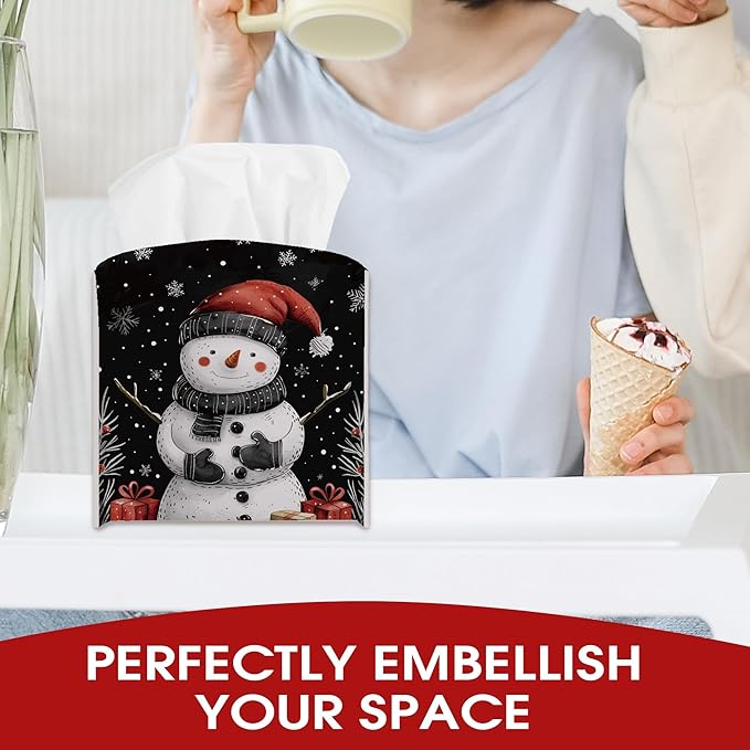 Black Christmas Snowman Tissue Box Cover Holder, Snowflake Leather Tissue Box Cover Square, Xmas Gift Ideas for Family Friends, Bathroom Kitchen Car Office Home Table Decor(5.2 Inches)-B07