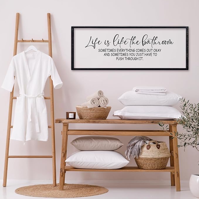 comurdyo Funny Motivational Life Is Like The Bathroom Humorous Wall Decor Art 32"×12" for Farmhouse Bathroom Restroom Toilet Shelves Sign Large Modern Rustic Wooden Framed Wall Hanging (Black)