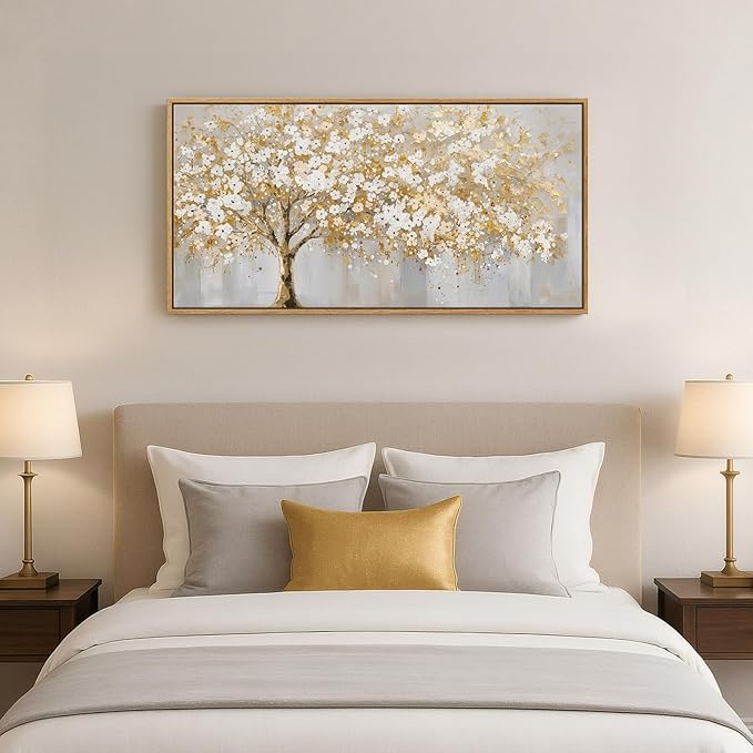 Large Framed Gold Tree Wall Art for Living Room, Neutral Gray White Canvas Painting for Modern and Elegant Home Decor, Golden Tree of Life Artwork for Bedroom Kitchen Dining Room Office, 20x40 Inch