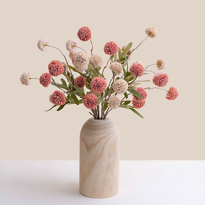 LUEUR Artificial Fall Flowers with Wooden Vase – Long Stem Mums Beige & Pink Chrysanthemum Pom Pom Floral Arrangement Centerpiece Table Decorations for Thanksgiving Dining Farmhouse Table Decor