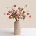 LUEUR Artificial Fall Flowers with Wooden Vase – Long Stem Mums Beige & Pink Chrysanthemum Pom Pom Floral Arrangement Centerpiece Table Decorations for Thanksgiving Dining Farmhouse Table Decor