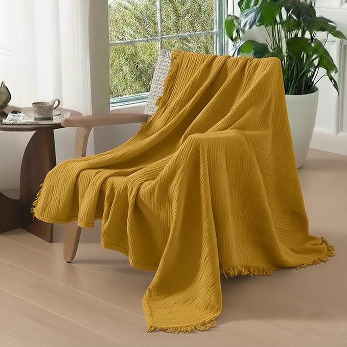KyraHome 100% Cotton Muslin Throw Blankets for Couch, 50"x60" Pre-Washed Plant Dyed, Breathable, Lightweight Muslin Throw Blankets for Adults, All Season, Mustard Yellow