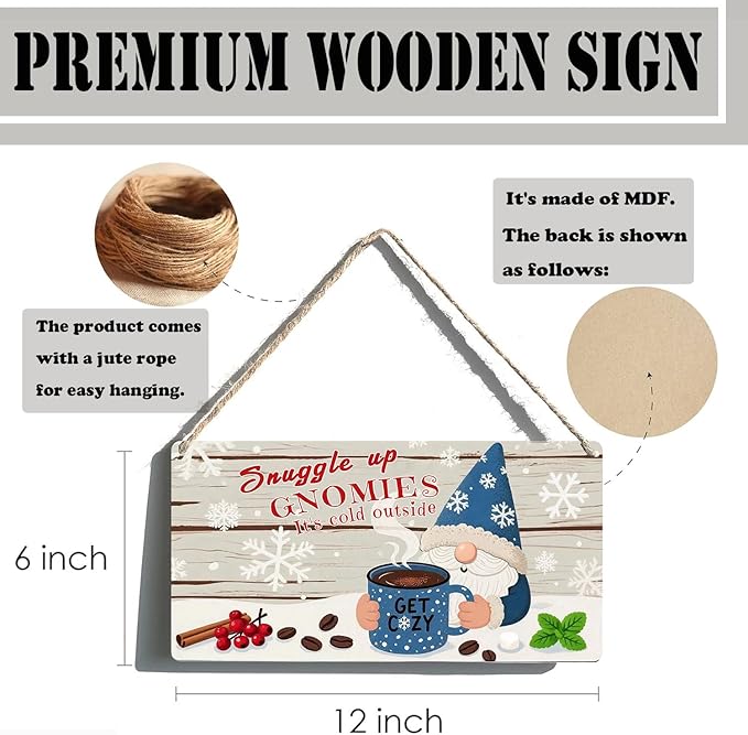 Winter Gnomes Christmas Decor for Front Door Porch Sign - Snuggle Up Gnomies It's Cold Outside Wooden Hanging Sign, Christmas Decorations for Home, Farmhouse, Coffee Bar Decor 6x12 Inch