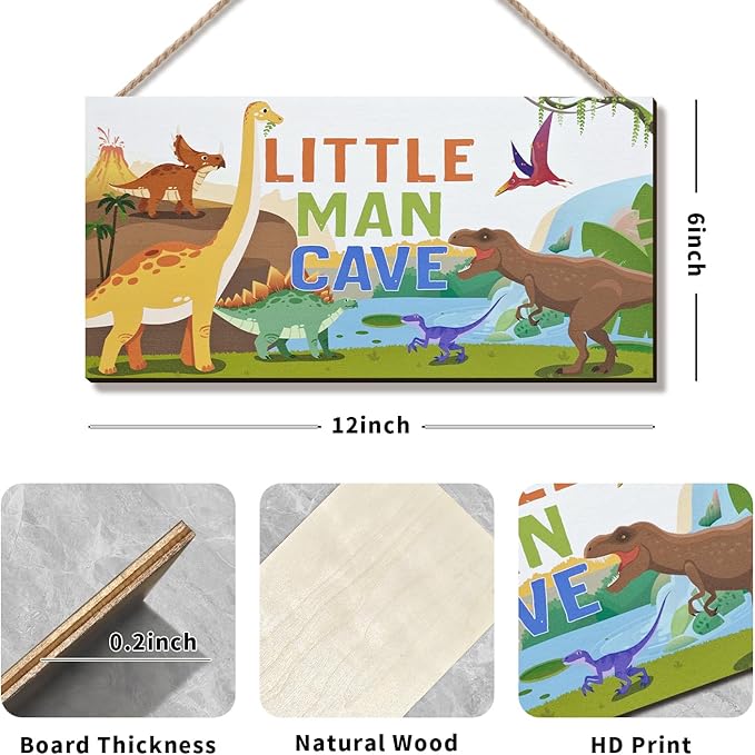 ZIEYOMI- Little Man Cave Sign Boys Room Decor, Dinosaur Theme Bedroom Decor Hanging Wall Art, Wooden Plaque Decorations for Nursery Boys Kids Toddler Playroom Living Room