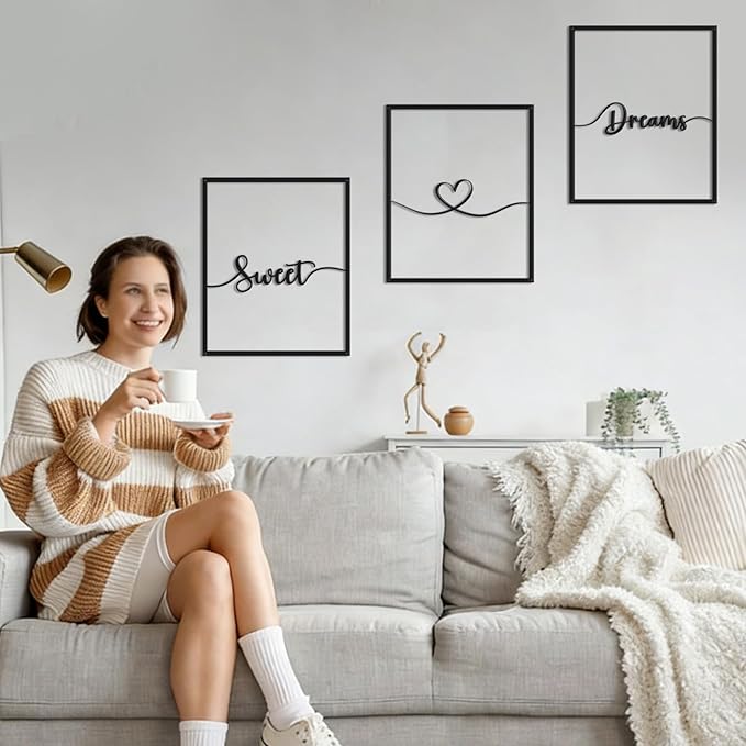 Bnesi Large 3 PCS Bedroom Wall Decoration Sweet Dream Metal Sign Bedroom Wall Decor Set Black And White Wall Art for Bedroom Wall Decor Above Bed Unique Wall Art (Dream)