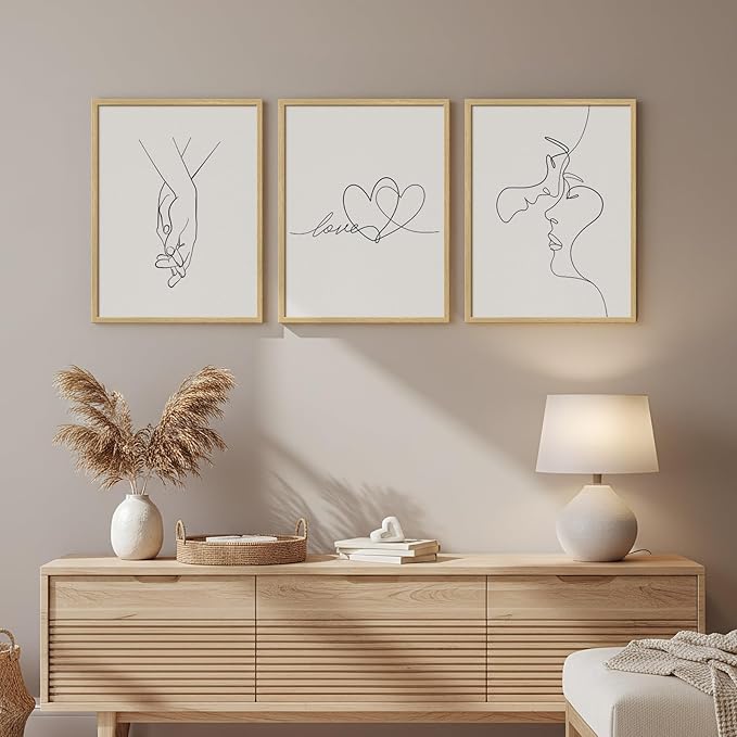 Framed Minimalist Line Love Bedroom Wall Art, 3 Piece Couple & Heart Prints Artwork for Walls, Modern Romantic Simple Black and White Painting Picture for Couple Bedroom Hallway Wall Decor, 12x16 Inch