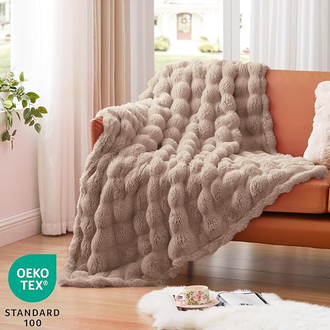 EXQ Home Fluffy Faux Rabbit Fur Throw Blanket for Couch, Soft Luxury Bubble Double Sided Plush Blanket, Cozy Thick Warm Fuzzy Decorative Blanket for Bed Chair Sofa Living Room,50"X60"(Brown)