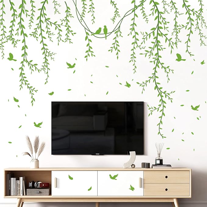 Hanging Willow Branch Wall Stickers DIY Green Vine Leaf Plant Wall Decals Peel and Stick Grass Birds Butterfly Art Mural Decortions for Kids Baby Girls Nursery Bedroom Living Room Offices Classroom (Green)