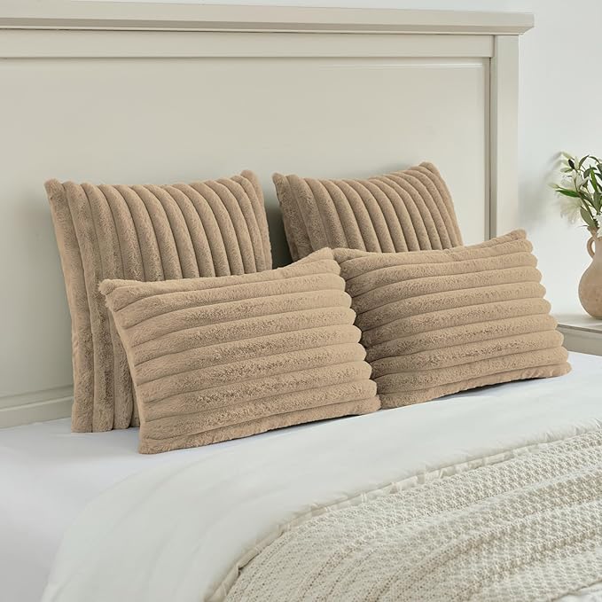 FUTEI Khaki Decorative Throw Pillow Covers Set of 2, 24x24 Inch Soft Fluffy Faux Fur Plush Striped European Cushion Cases, Modern Home Decor for Couch Bed Living Room