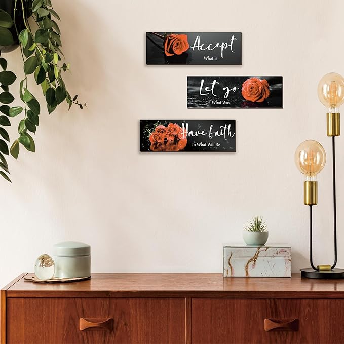 3 Pcs Orange Bathroom Decor Inspirational Orange Wall Decor Wooden Orange Rose Farmhouse Wall Art With Accept Let Go Have Faith Quotes For Girl Women Bedroom Office Living Room(yellow 12 X 4 Inch)