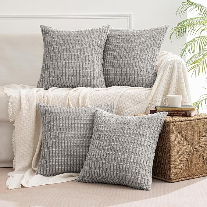 MIULEE Pack of 4 Light Grey Corduroy Decorative Throw Pillow Covers 20x20 Inch Soft Boho Striped Pillow Covers Modern Farmhouse Home Decor for Sofa Living Room Couch Bed