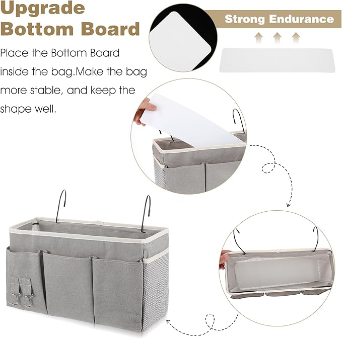 2 Pcs Bedside Caddy, Hanging Storage Organizer with Pockets for Bunk Beds, College Dorm, Bed Rails, Holds Books, Phones, Glasses, Keys, Gray