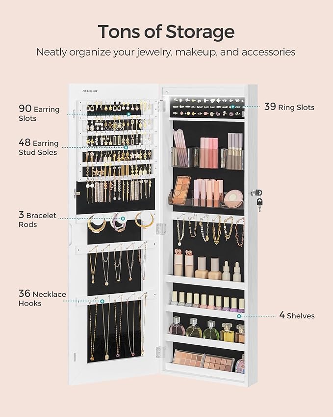 SONGMICS LED Mirror Jewelry Cabinet Armoire, Wall or Door Mounted Jewelry Storage Organizer, Hanging Lockable Frameless Mirror Cabinet with 2 Plastic Cosmetic Organizers, Gift Idea, White UJJC011W01