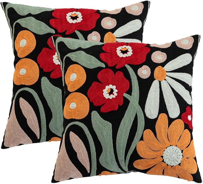 YIcabinet Pack of 2 Throw Pillow Covers,Colorful Flowers Embroidered Pillow Case Soft Decorative Pillowcases for Home Sofa Couch 18x18 Inch