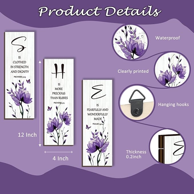 DONFENTHY 3 Pieces Inspirational Purple Floral Wall Decor Wooden Hanging Wall Art Christian Quotes SHE Word Sign Gift for Girl Teen Women Bedroom Bathroom Living Room Nursery Office (Purple 12x4 Inch)