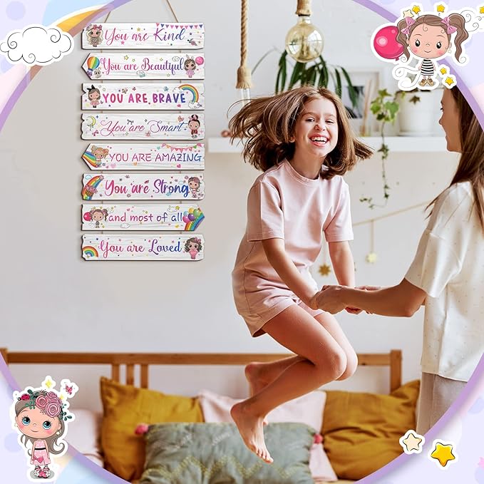 Inspirational Girl Room Decor Aesthetic Art Wall Hanging Sign Inspiring Colorful Rainbow Wooden Decoration for Kids Teens Toddler Boy Baby Bedroom Nursery Dorm Decor, 6-12 Years old (Doll)