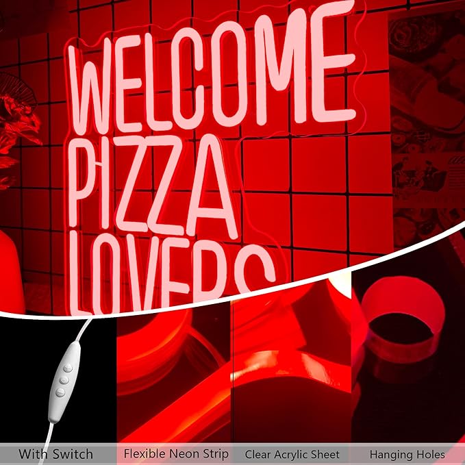 Welcome Pizza Lovers Neon Light, Red Dimmable LED Personalized Pizza Lovers Neon Sign, Family Restaurant Entertainment Room Food Theme Party Wall Neon Sign Decor Holiday Gift For Pizza Lovers, Children, Family (12.9*12.5in)
