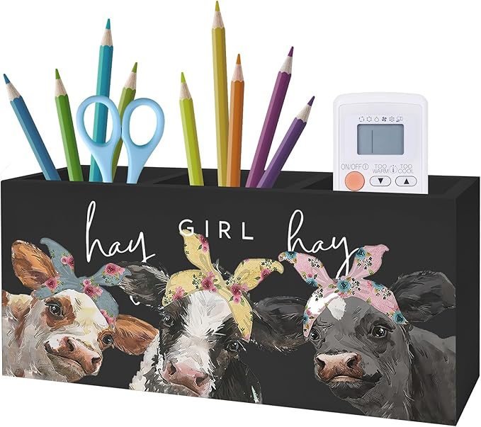 Hay Girl Hay Cow Makeup Brush Toothbrush Holder, Pen Pencil Holder, Organizer for Bathroom Vanity Dorm, Cow Lover Gifts for Home Office Dorm Desk Accessories
