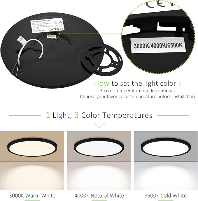 2 Pack LED Flush Mount Ceiling Light, 24W Ultra Thin Round White Lamp 3000K/4000K/6500K 3 Color Temperatures Adjusted 12 Inch Modern Ceiling Lights, Black, Wired
