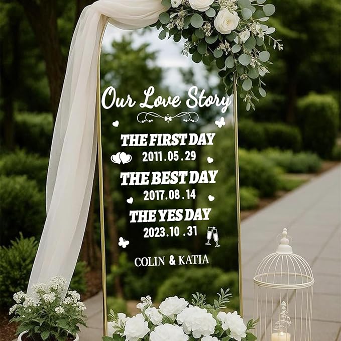 HLNIUC Welcome to Our Love Story Mirror Stickers Double-Sized,Removable Letters Number Wall Decal,The Best Day Wall Decals,Personalized Wedding Mirror Sticker for Window Sign Marriage Decoration