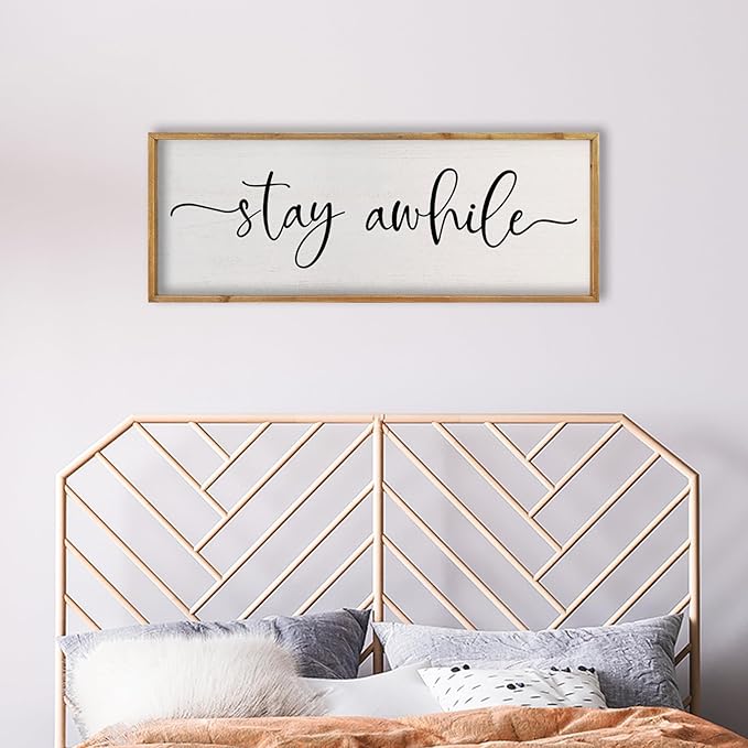 comurdyo Living Room Wall Decor Stay Awhile Sign 32"×12" Lets Stay Family Home Large Vintage Farmhouse Simple Wood Frame for Entryway Hallway Plaque Horizontal Art Hangin (Wood)