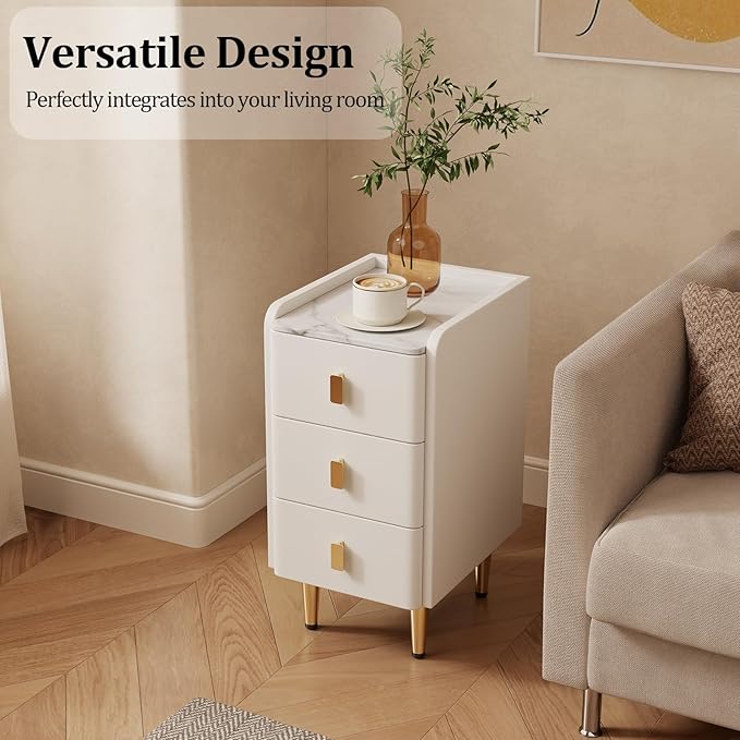 AQIMUELE Narrow Nightstand with Drawers, Narrow Side Table Leather, Small Bedside Tables for Bedroom. (White)