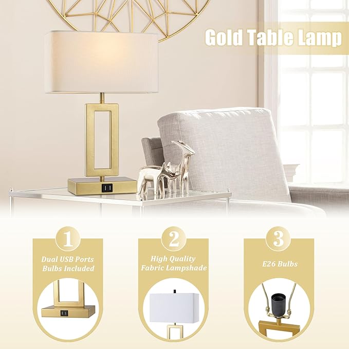 Gold Table Lamps Set of 2 with Dual USB Ports,3-Way Dimmable Touch Control Bedside Lamps,Modern Bedroom Table Lamp for Living Room,Nightstand LED Bulbs Included
