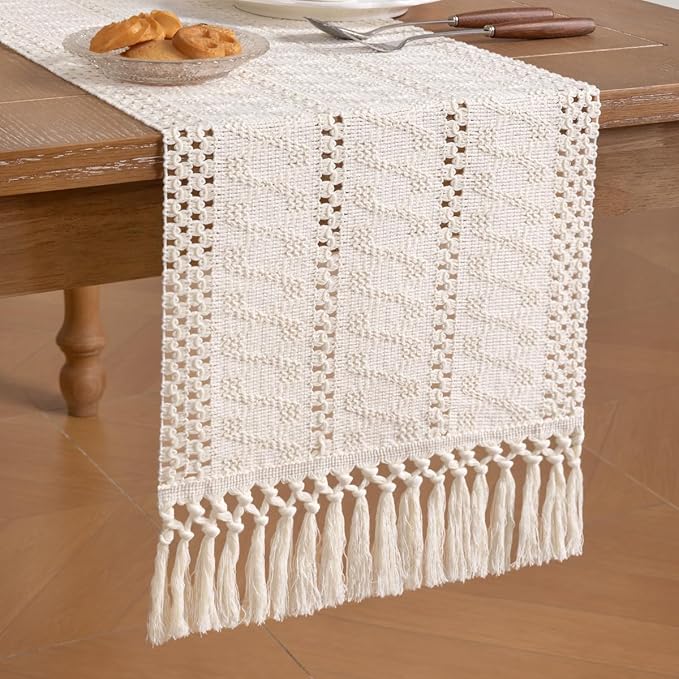 Socomi Boho Table Runner Easter Spring Farmhouse Rustic Dining Kitchen Centerpiece Decor Small Macrame Woven Cotton Linen Coffee Table Runner for Dresser Scarf Home Decor 12x48 inch Cream Ivory