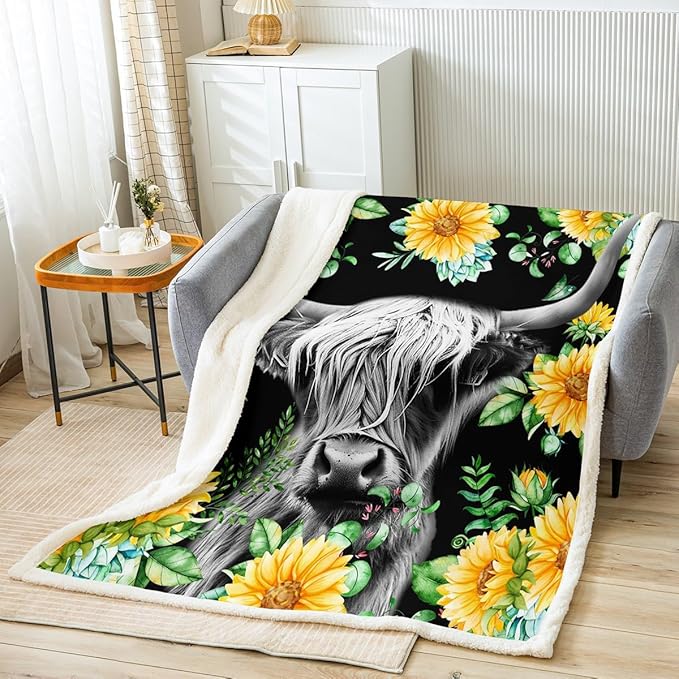 Erosebridal Highland Cow Sherpa Blanket 40"X50",Yellow Sunflower Throw Blanket Boho Tribal Bull Plush Bed Blanket for Kids Teens Adults,Rustic Farmhouse Animal Fleece Flanket Black
