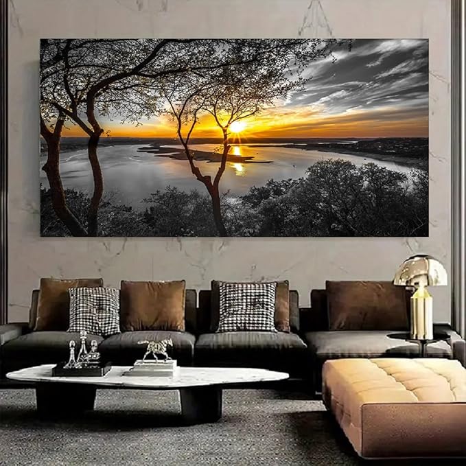 Bamdeya Black and White Canvas Wall Art Bedroom large Lake Tree Print Art Forest Gold Sunset Poster Picture Natural Scenery Wall Decor Living Room Landscape Painting Office Home Decorations Framed