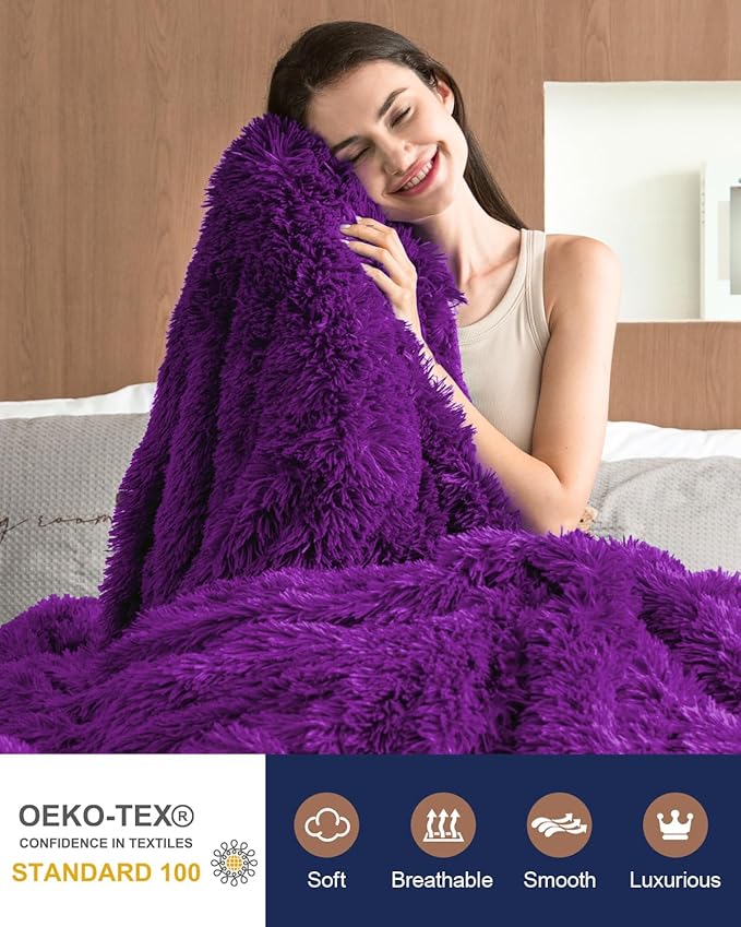 Pawque Faux Fur Blankets Twin Size 60x80 Inches, Soft Fuzzy Fluffy Blanket, Warm Thick Sherpa Long Hair Shag Reversible Lightweight Cozy Throw for Bedroom Sofa Couch, Purple