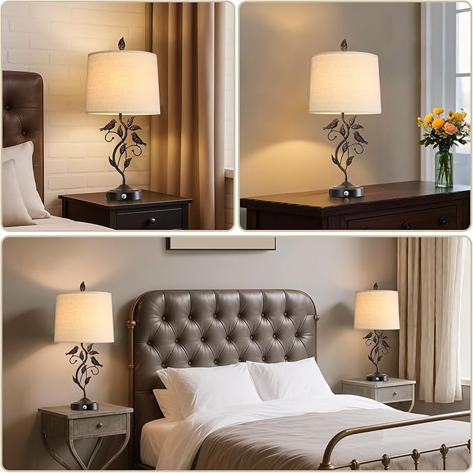 RORIANO 27" Touch Farmhouse Table Lamps for Living Room with 3-Way Dimmable 2 USB Ports, Vintage Rustic Iron Leaf Nightstand Lamp for Bedroom, LED Bulb Included