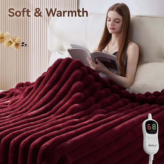 Heated Throw Blanket, Faux Fur Cozy Heating Blanket with Overheat Protection, 1/2/4/6/8 Hours Auto-Off 10 Heat Level, Machine Washable (62x84 Inches, Red)