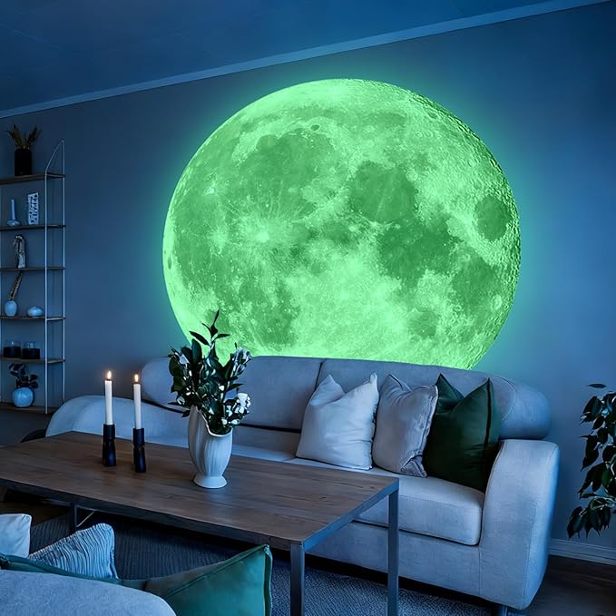 Huge Glow in The Dark Moon Wall Stickers 6 Sheets Night Luminous Full Moon Decals Peel and Stick Wall Decor for Kids Room Bedroom Living Room(51.18 inches × 50.39 inches) (Green)
