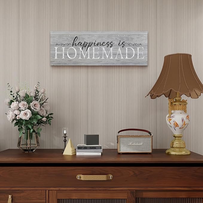Happiness is Homemade Sign Decor Family Decorative Signs Wall Art Inspirational Motto Canvas Prints Retro Quote & Saying Artwork for Bedroom, Living Room, Kitchen, Hallway, Home Decoration 6 x 17 inch