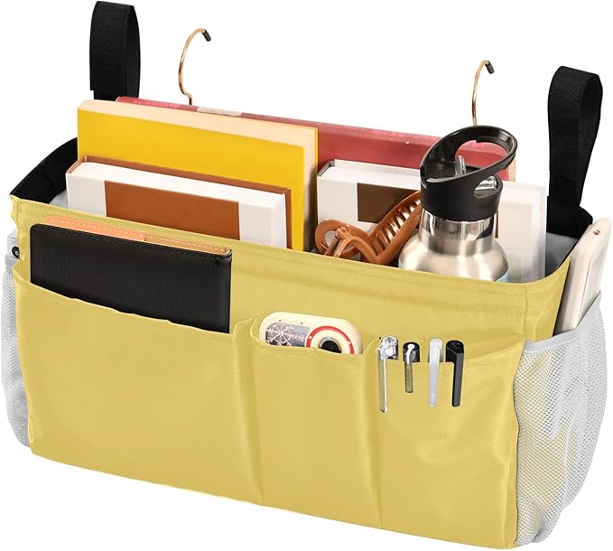 DOMIKING Lemon Yellow Bedside Caddy for Dorm Bed Recliner Armrest Organizer with Hooks Haning Storage Pocket for Headboards Rails Bunk Bed