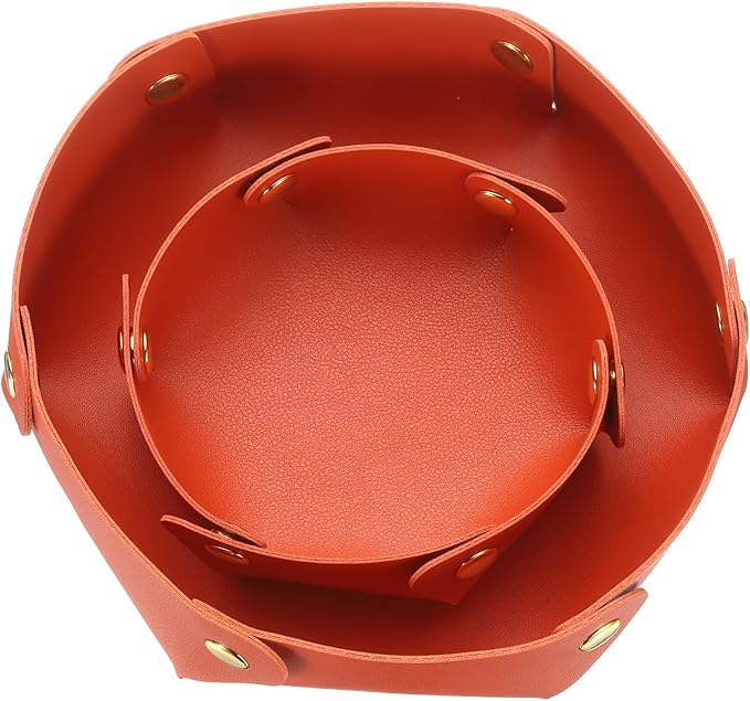 uxcell 2 Pcs Valet Tray for Women and Men, PU Leather Jewelry Tray Entryway Table Bedside Nightstand Catchall Storage Organizer for Jewelry Key Coin Watch Wallet (2 Size, Orange)