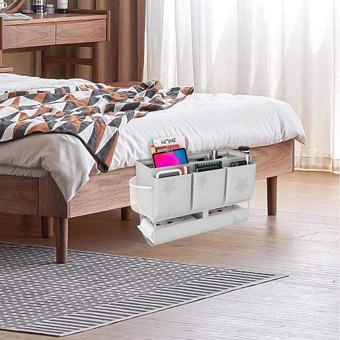 Bedside Caddy Bedside Organizer, Bed Storage Caddy with 7 Pockets, College Dorm Rooms Bag for Bunk, Home, Dorm, Hospital, Crib Bed (Grey)