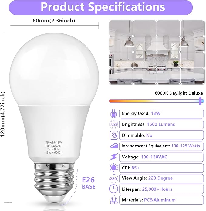 MAXvolador A19 LED Light Bulbs, 100 Watt Equivalent, Cool White 6000K, 1500LM, E26 Base, Non-Dimmable, 13W Bright White, 4-Pack
