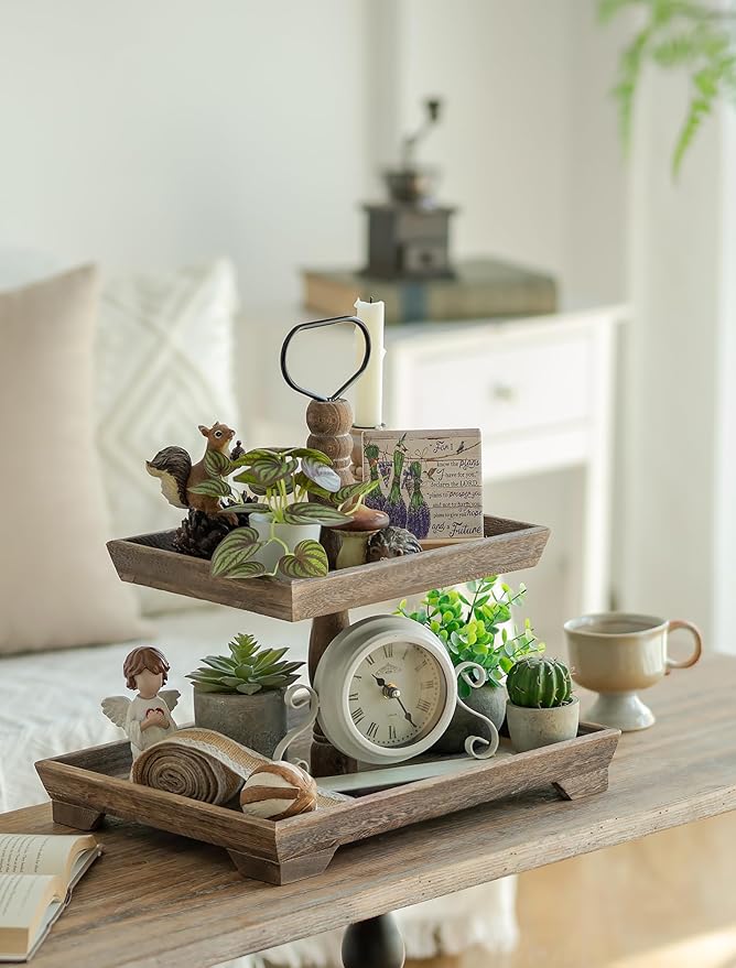 Hanobe Tiered Tray for Table Decor: 2 Tier Sunflower Decorative Tray Stannds for Table Centerpieces - Rectangle Farmhouse Serving Stand for Coffee Bar, Rustic Brown