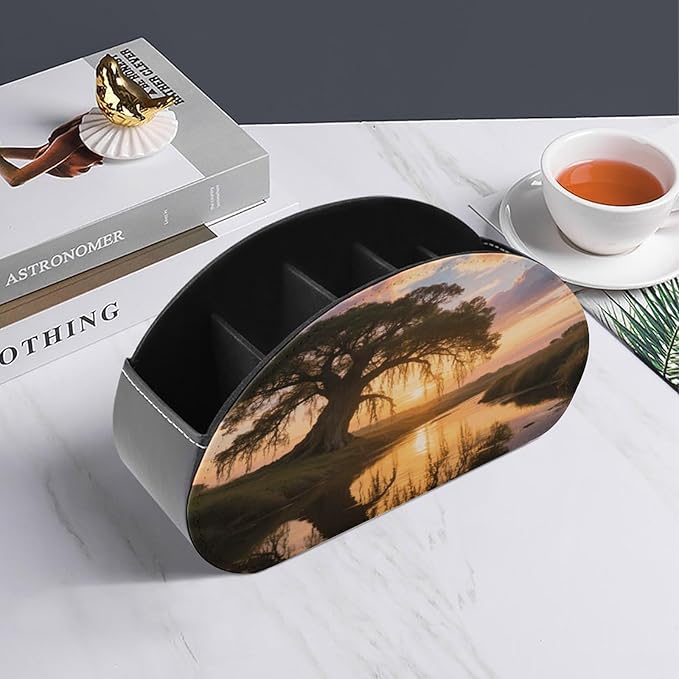 Big Trees in Sunset Remote Control Holder Organizer Box with 5 Compartment PU Leather Bedside Storage Caddy Remote Organizer for Controller Media Player Pen/Pencil Storage