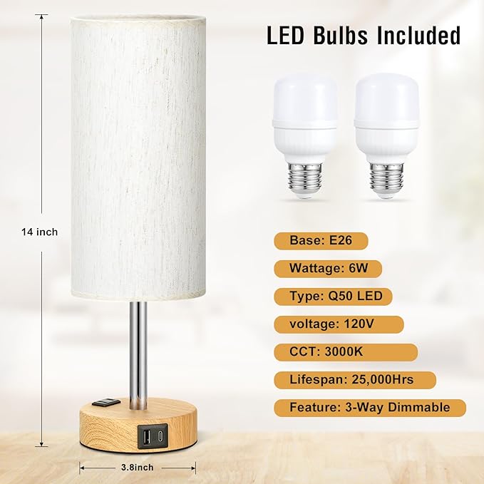 Fenmzee Small Touch Table Lamps Set of 2-3-Way Dimmable, USB A + C Charging, AC Outlet, Wood Grain Base, Bulbs Included