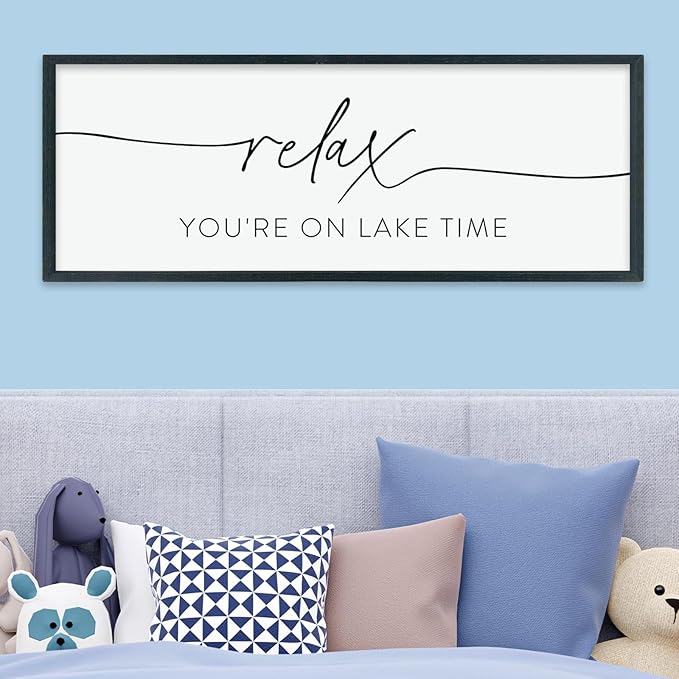 LuZhiQiang Home Wall Decor Relax You're On Lake Time Sign 40"×15" Living Room Minimalist Plaque for Lake House Bedroom Large Wood Framed Hanging Wall Art (Black)
