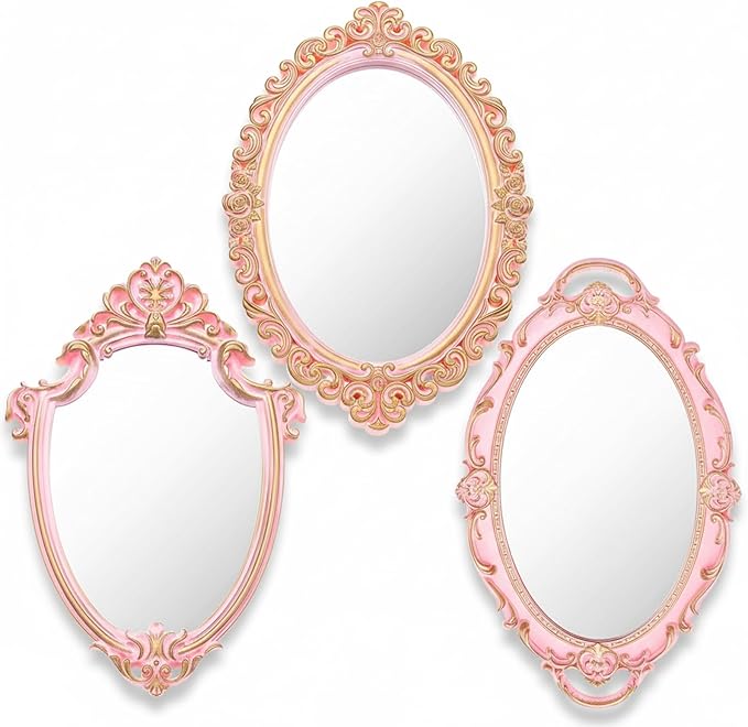 3 Styles Vintage Mirrors Set Decorative Oval Wall Mirror Small Antique Mirrored Tray Decorative Retro Hanging Mirror for Bathroom Bedroom Jewelry Organizer Victorian Decor(Pink)