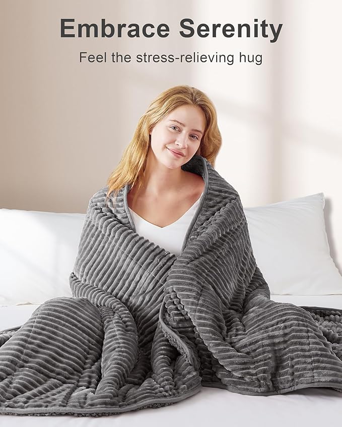 Sherpa Fleece Adult Weighted Blanket with Ribbed Stripes, 15 Pounds Dual Sided Soft Plush Blanket for Couch Bed Sofa, Heavy Thick Blankets with Ceramic Beads Great for Sleep, Grey, 48" x 72"