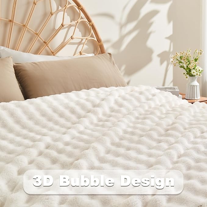 NEWCOSPLAY Throw Blanket for Couch Ivory Super Soft Flannel Fleece 3D Bubble Lightweight Bed Blanket All Season Use (Ivory, Throw(50"x60"))