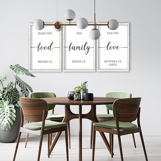 flowtorely Bless the Food Before Us Sign Wall Decor 16"×11" Set of 3 for Dining Room Kitchen Rustic Wood Framed Wall Hanging Art (White)