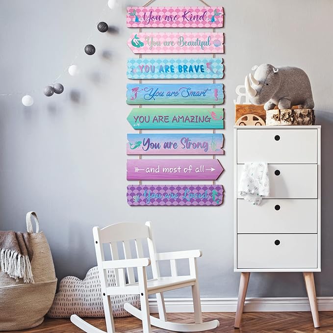Inspirational Girl Room Decor Aesthetic Art Wall Hanging Sign Inspiring Colorful Rainbow Wooden Decoration for Kids Teens Toddler Boy Baby Bedroom Nursery Dorm Decor, 6-12 Years old (Mermaid)