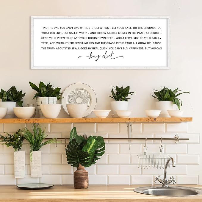 YWJKWLGS You Can't Buy Happiness But You Can Buy Dirt - 40x15 Inch Large Buy Dirt Sign, Rustic Wooden Farmhouse Wall Decor for Living Room, Kitchen, Country Home & Gardening Lovers (White)